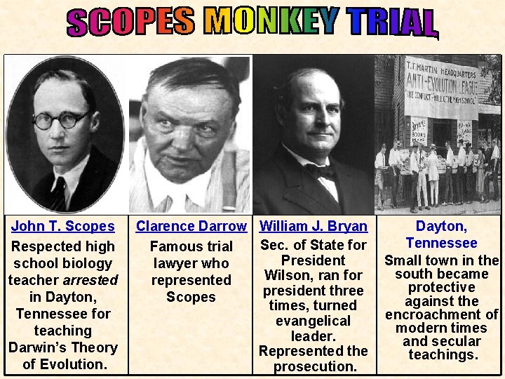 John T. Scopes Respected high school biology teacher arrested in Dayton, Tennessee for teaching