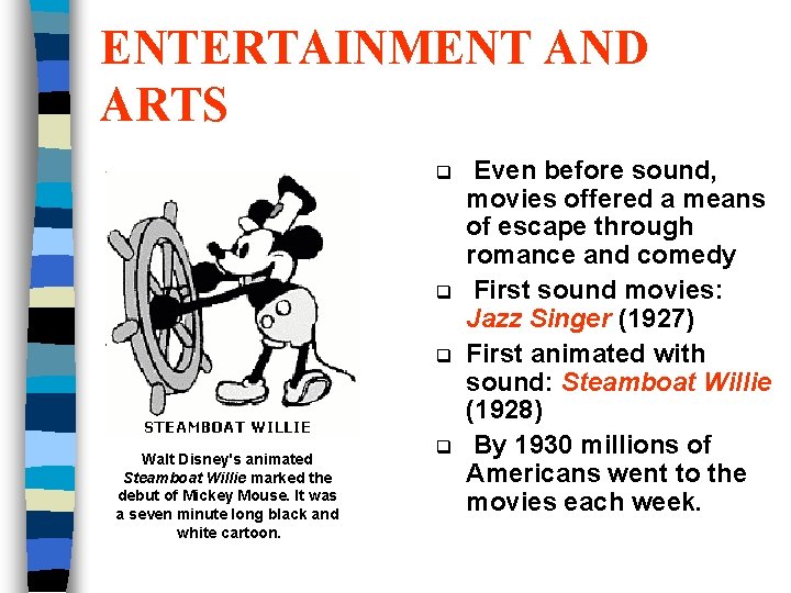 ENTERTAINMENT AND ARTS q q q Walt Disney's animated Steamboat Willie marked the debut