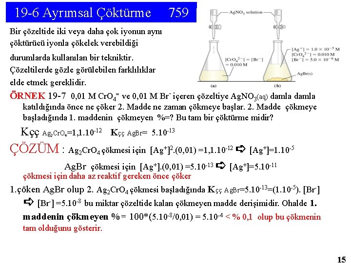 19 -6 Ayrımsal Çöktürme 759 Bir çözeltide iki veya daha çok iyonun aynı çöktürücü