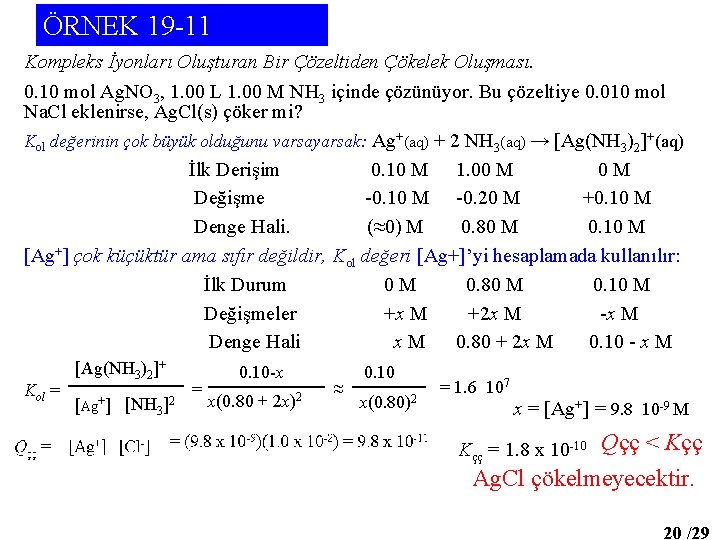 ÖRNEK 19 -11 Kompleks İyonları Oluşturan Bir Çözeltiden Çökelek Oluşması. 0. 10 mol Ag.