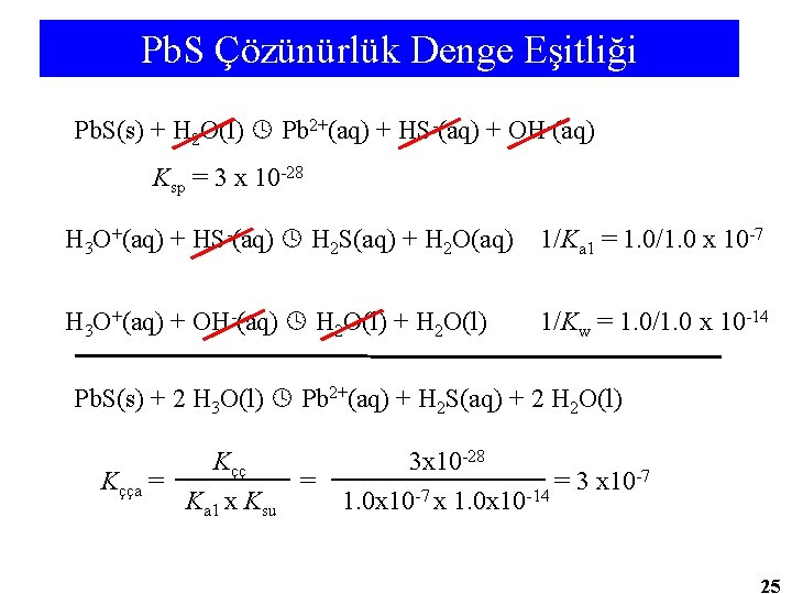 Pb. S Çözünürlük Denge Eşitliği Pb. S(s) + H 2 O(l) Pb 2+(aq) +