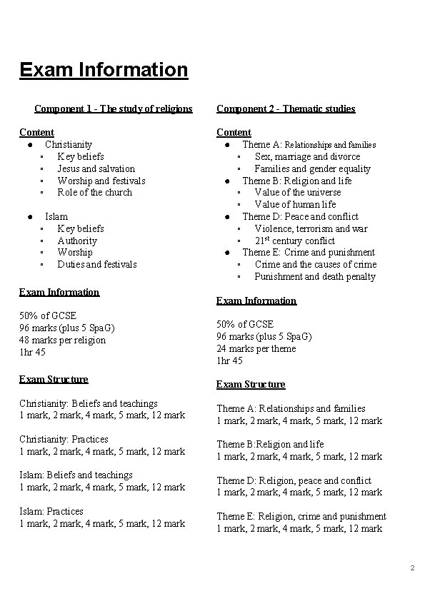 Exam Information Component 1 - The study of religions Content ● Christianity ◦ Key