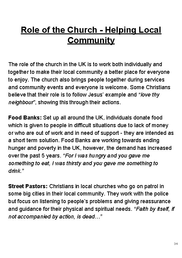 Role of the Church - Helping Local Community The role of the church in