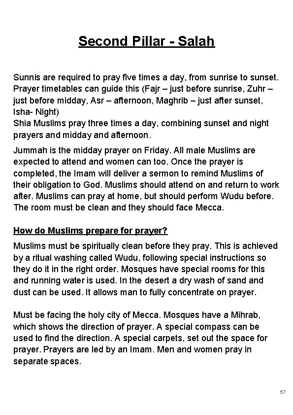 Second Pillar - Salah Sunnis are required to pray five times a day, from