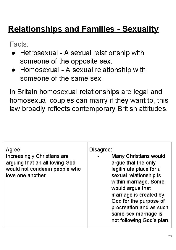 Relationships and Families - Sexuality Facts: ● Hetrosexual - A sexual relationship with someone