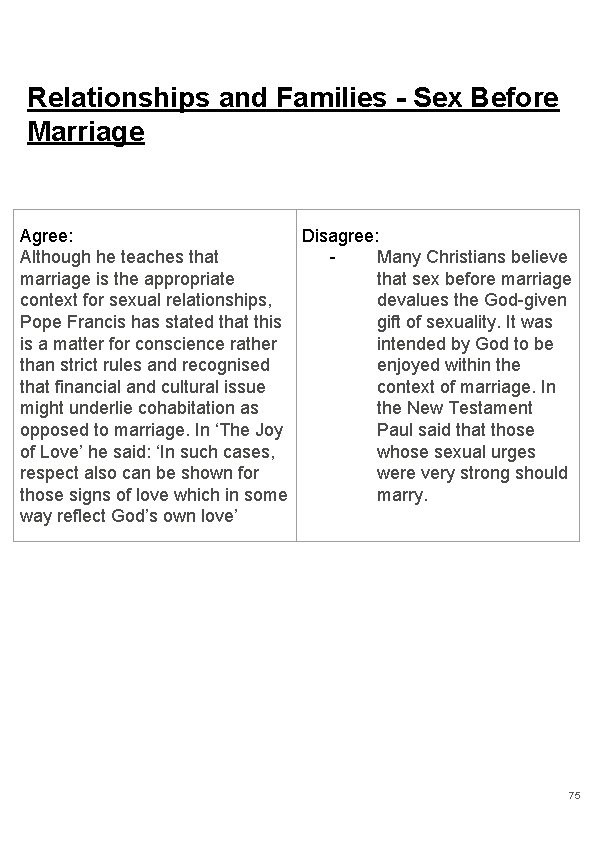 Relationships and Families - Sex Before Marriage Agree: Disagree: Although he teaches that Many