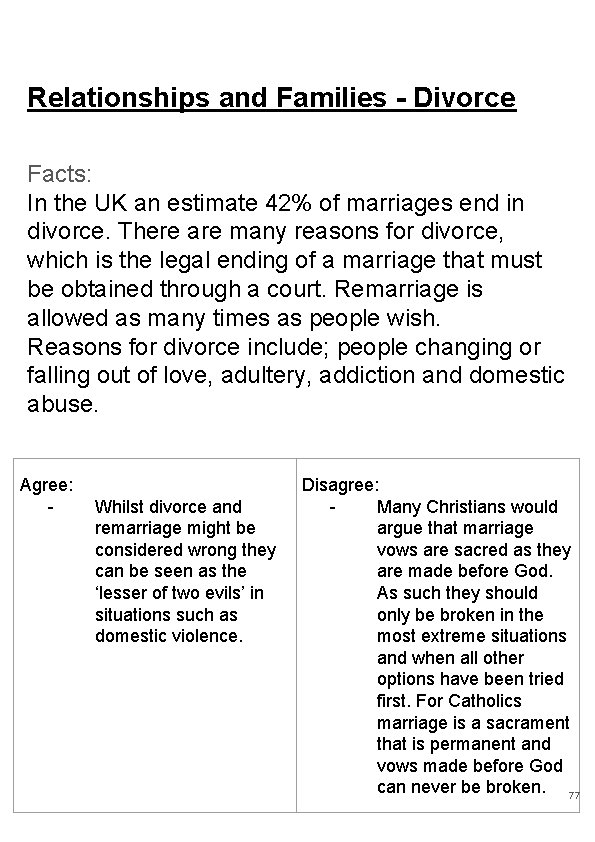 Relationships and Families - Divorce Facts: In the UK an estimate 42% of marriages