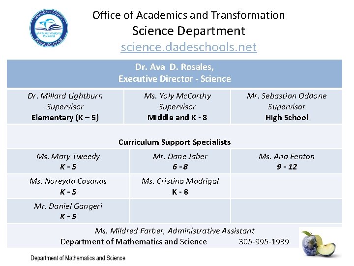 Office of Academics and Transformation Science Department science. dadeschools. net Dr. Ava D. Rosales,
