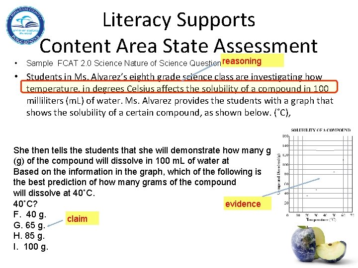 Literacy Supports Content Area State Assessment • Sample FCAT 2. 0 Science Nature of