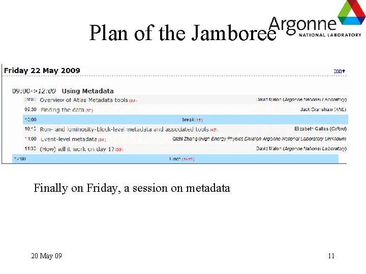 Plan of the Jamboree Finally on Friday, a session on metadata 20 May 09 Plan of the Jamboree Finally on Friday, a session on metadata 20 May 09