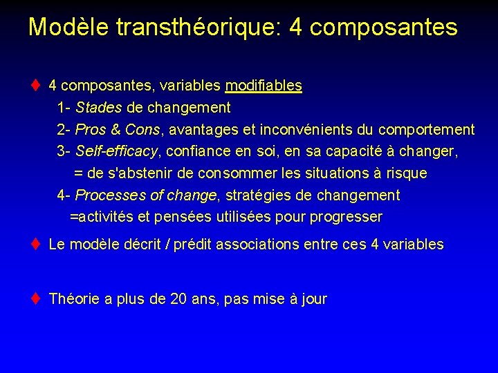 Modèle transthéorique: 4 composantes t 4 composantes, variables modifiables 1 - Stades de changement