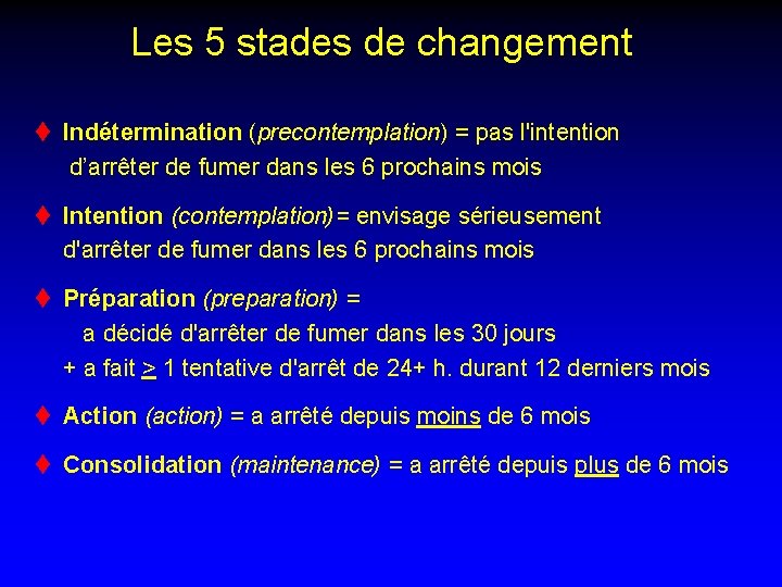 Les 5 stades de changement t Indétermination (precontemplation) = pas l'intention d’arrêter de fumer