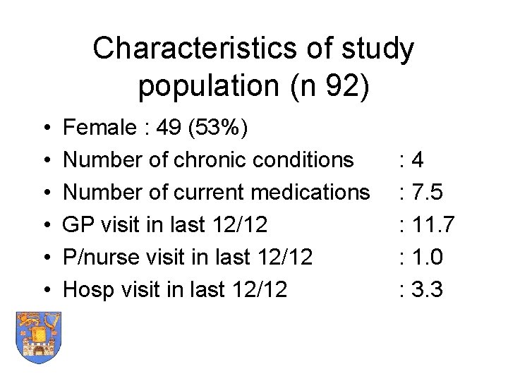 Characteristics of study population (n 92) • • • Female : 49 (53%) Number