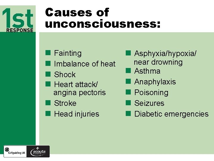 Causes of unconsciousness: n n Fainting Imbalance of heat Shock Heart attack/ angina pectoris