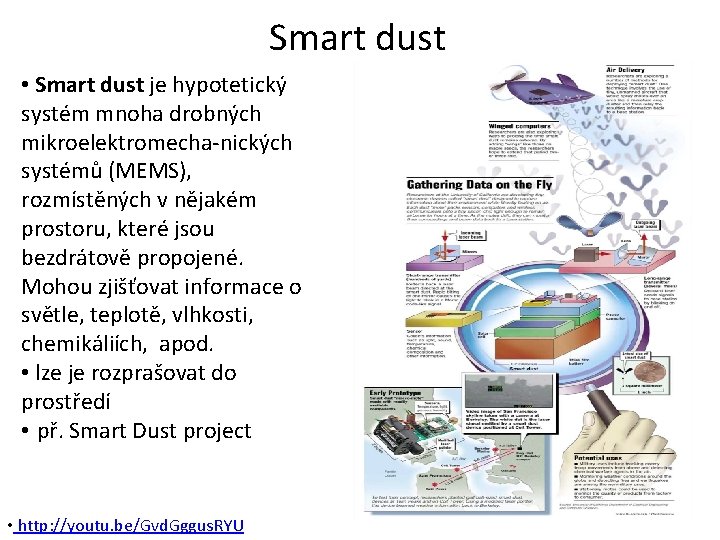 Smart dust • Smart dust je hypotetický systém mnoha drobných mikroelektromecha-nických systémů (MEMS), rozmístěných