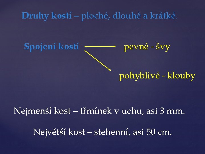 Druhy kostí – ploché, dlouhé a krátké. Spojení kostí pevné - švy pohyblivé -