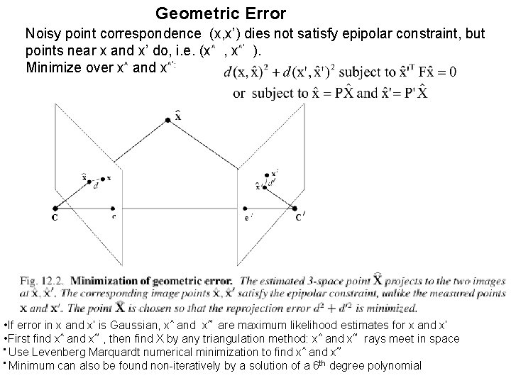 Geometric Error Noisy point correspondence (x, x’) dies not satisfy epipolar constraint, but points