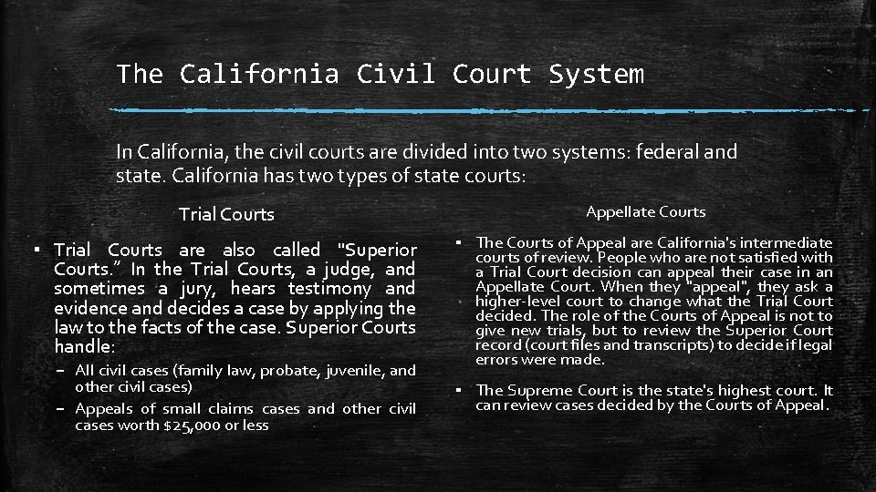 The California Civil Court System In California, the civil courts are divided into two