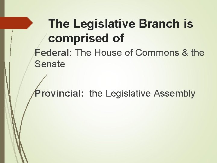 The Legislative Branch is comprised of Federal: The House of Commons & the Senate