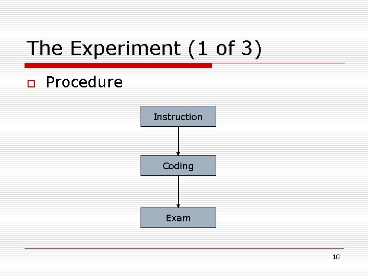 The Experiment (1 of 3) o Procedure Instruction Coding Exam 10 