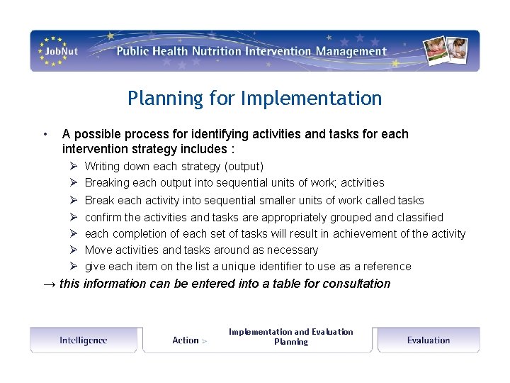 Planning for Implementation • A possible process for identifying activities and tasks for each