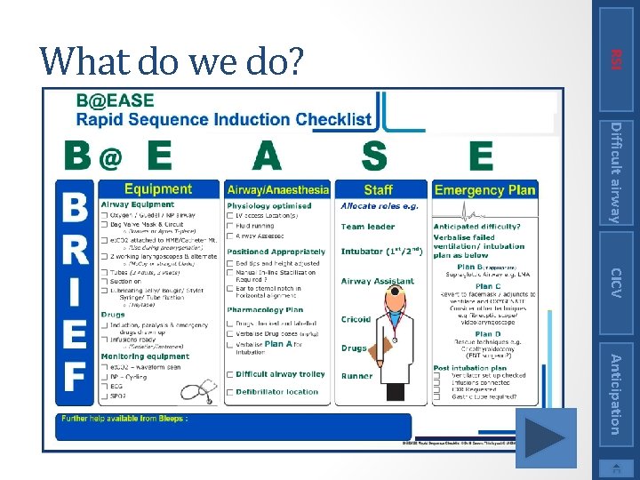 RSI What do we do? Difficult airway CICV Anticipation 