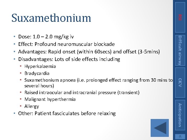 Dose: 1. 0 – 2. 0 mg/kg iv Effect: Profound neuromuscular blockade Advantages: Rapid