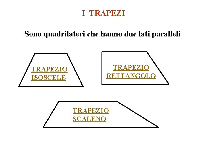 I TRAPEZI Sono quadrilateri che hanno due lati paralleli TRAPEZIO ISOSCELE TRAPEZIO RETTANGOLO TRAPEZIO