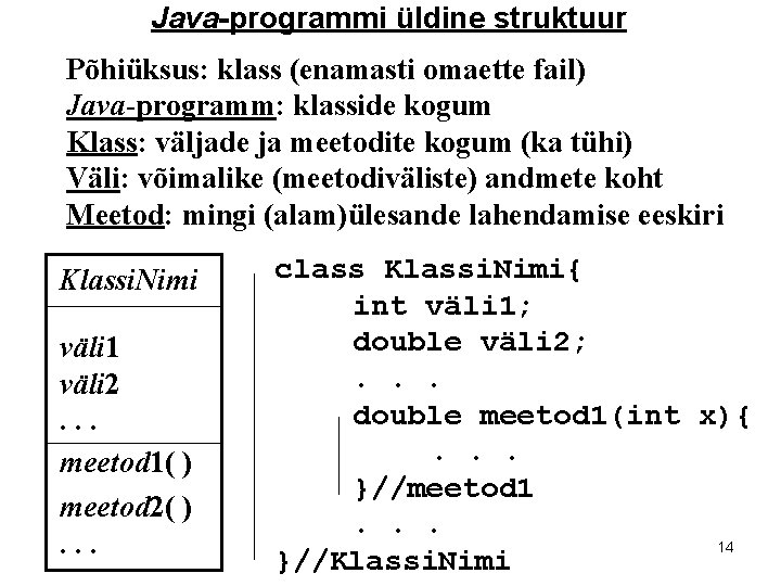 Java-programmi üldine struktuur Põhiüksus: klass (enamasti omaette fail) Java-programm: klasside kogum Klass: väljade ja