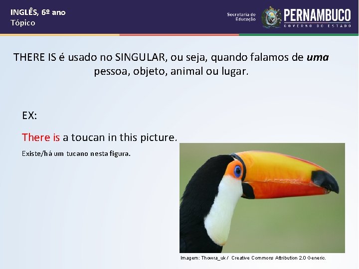 INGLÊS, 6º ano Tópico THERE IS é usado no SINGULAR, ou seja, quando falamos