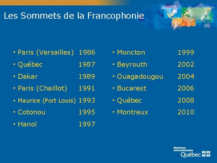 Les Sommets de la Francophonie 13 • Paris (Versailles) 1986 • Moncton 1999 •