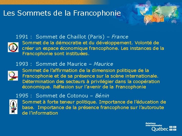Les Sommets de la Francophonie 1991 : Sommet de Chaillot (Paris) – France Sommet