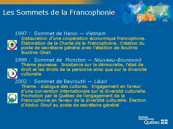 Les Sommets de la Francophonie 1997 : Sommet de Hanoi — Vietnam Instauration d’une