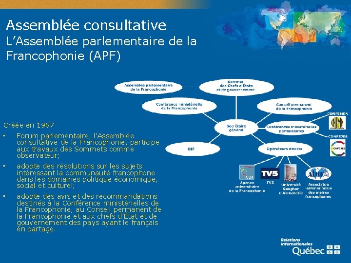 Assemblée consultative L’Assemblée parlementaire de la Francophonie (APF) Créée en 1967 • Forum parlementaire,