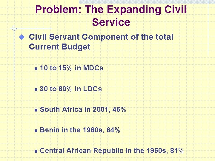 Problem: The Expanding Civil Service u Civil Servant Component of the total Current Budget