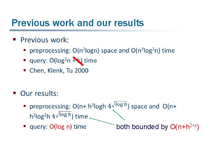Previous work and our results § both bounded by O(n+h 2+ε) 
