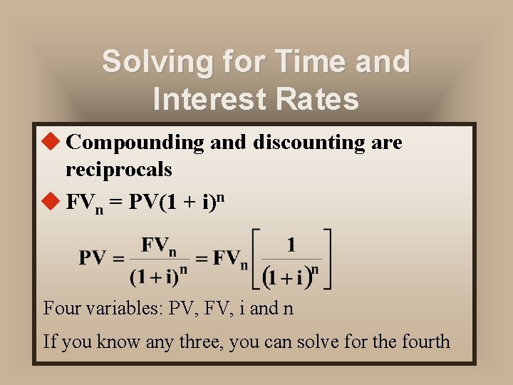 Solving for Time and Interest Rates u Compounding and discounting are reciprocals u FVn