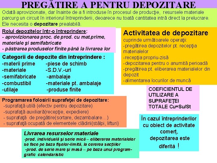 PREGĂTIRE A PENTRU DEPOZITARE Odată aprovizionate, dar înainte de a fi introduse în procesul