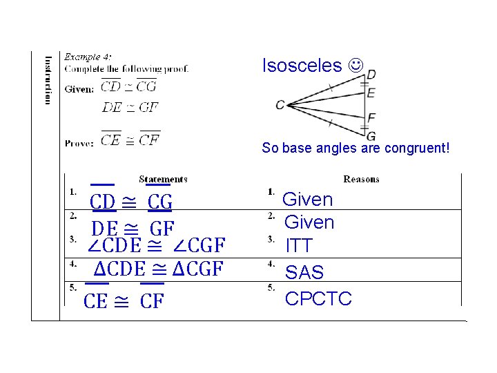 Isosceles So base angles are congruent! CD ≅ CG DE ≅ GF ∠CDE ≅