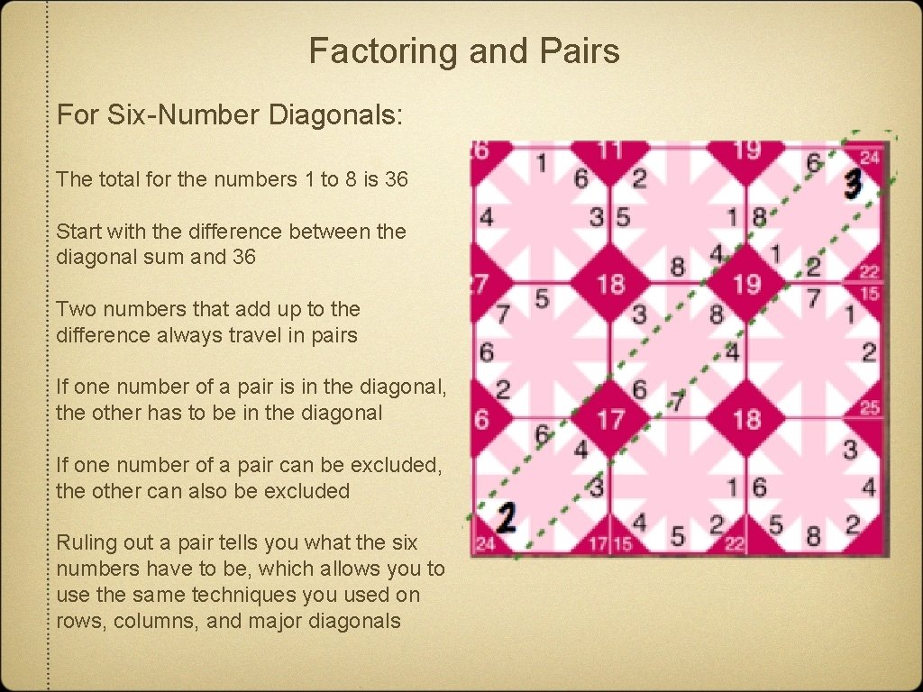 Factoring and Pairs For Six-Number Diagonals: The total for the numbers 1 to 8