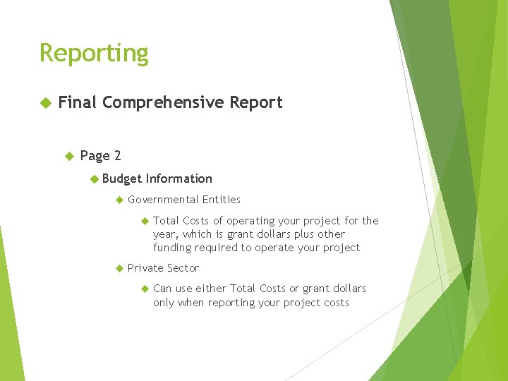 Reporting Final Comprehensive Report Page 2 Budget Information Governmental Entities Total Costs of operating