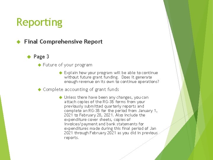 Reporting Final Comprehensive Report Page 3 Future of your program Explain how your program