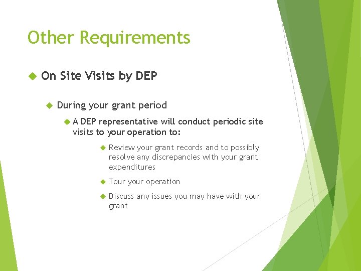 Other Requirements On Site Visits by DEP During your grant period A DEP representative