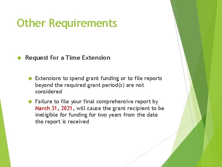 Other Requirements Request for a Time Extensions to spend grant funding or to file