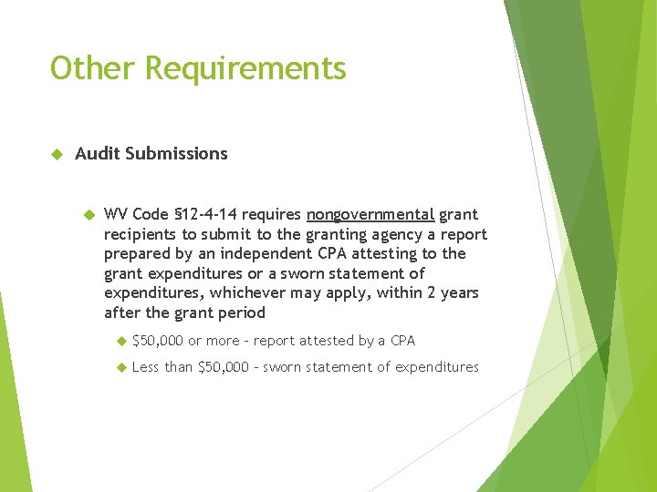 Other Requirements Audit Submissions WV Code § 12 -4 -14 requires nongovernmental grant recipients