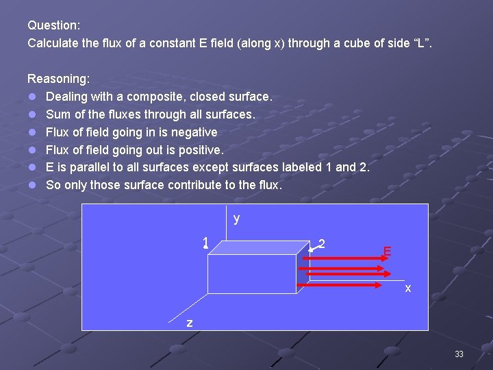 Question: Calculate the flux of a constant E field (along x) through a cube