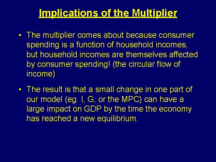 Implications of the Multiplier • The multiplier comes about because consumer spending is a