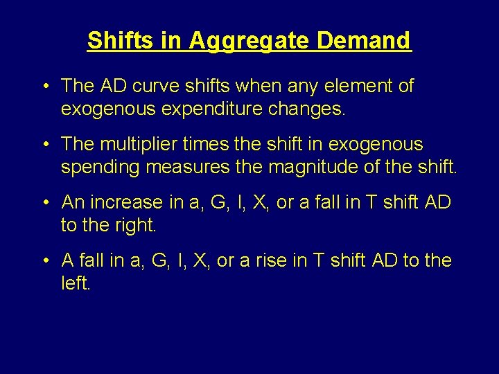 Shifts in Aggregate Demand • The AD curve shifts when any element of exogenous