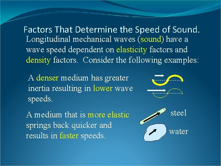 Factors That Determine the Speed of Sound. Longitudinal mechanical waves (sound) have a wave