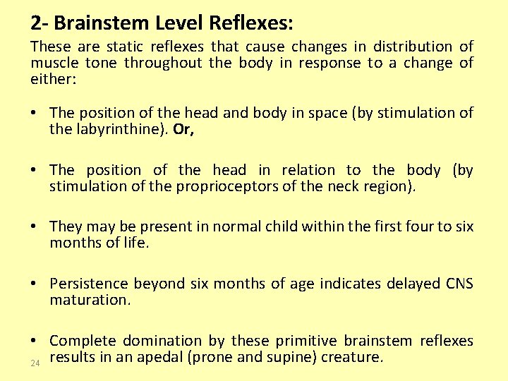 2 - Brainstem Level Reflexes: These are static reflexes that cause changes in distribution
